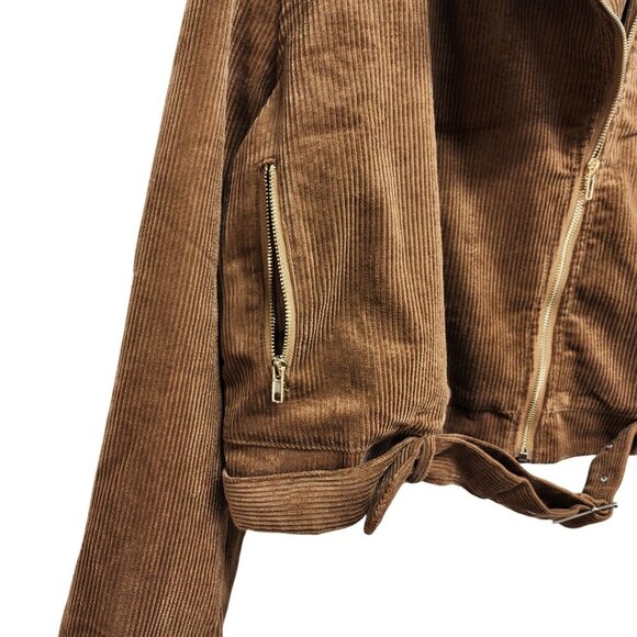 Brown Corduroy Moto Jacket With Belted Hem & Zip Pockets Size 2XL Womens - Picture 8 of 14